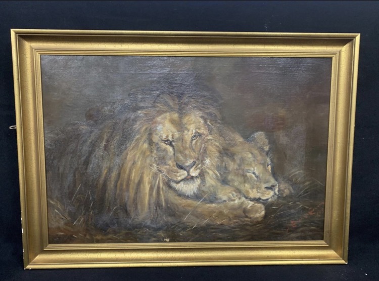 Lot 158: 1909 Gilt-Framed Oil Painting — Lion and Lioness
