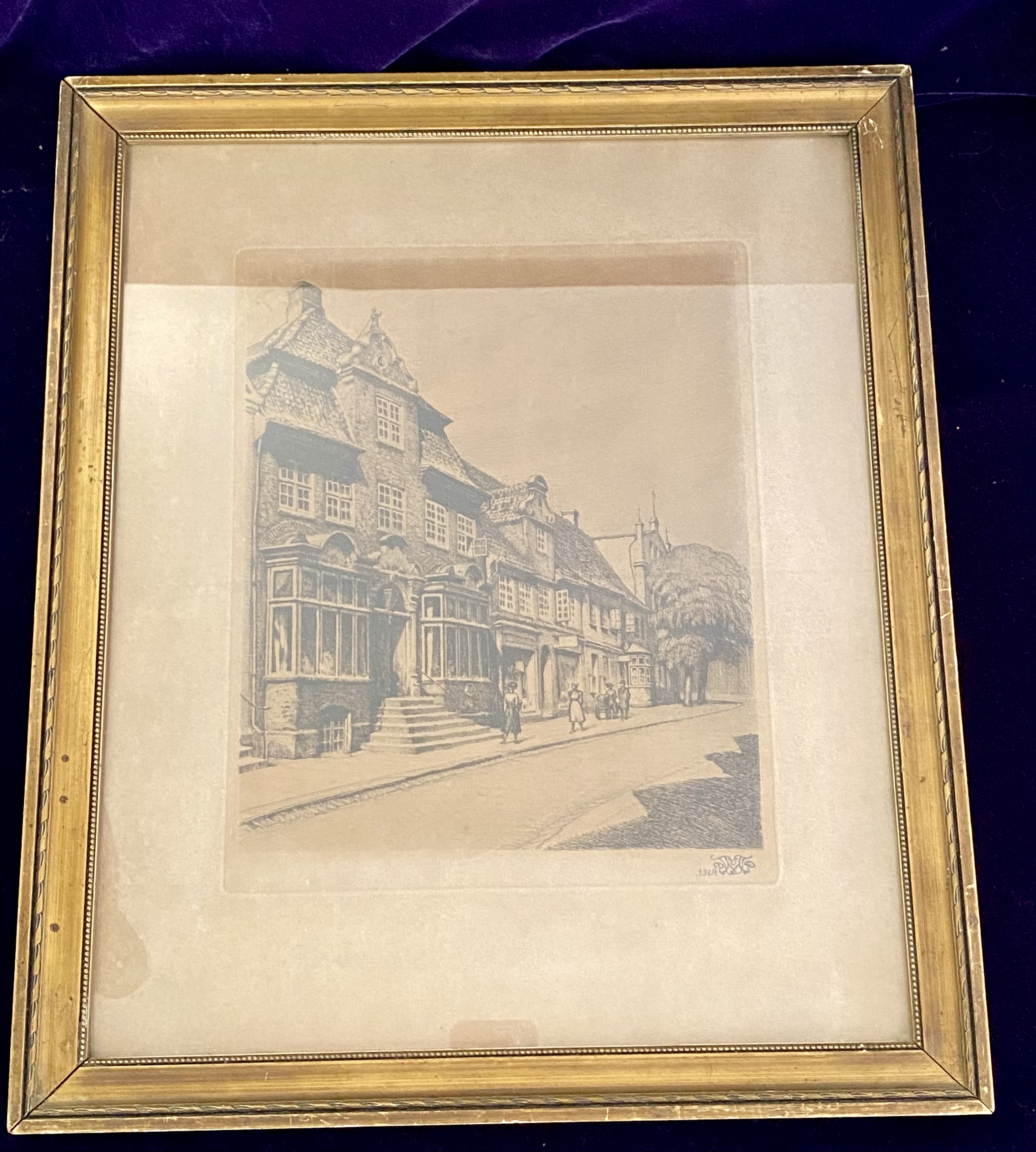 Lot 093: 1924 Vintage Framed Print — Architectural Street Scene