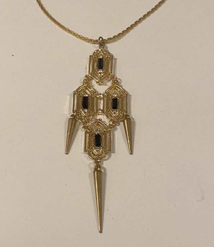 Lot 113: 1980s Art Deco Revival Statement Pendant Necklace — Gold Tone & Black