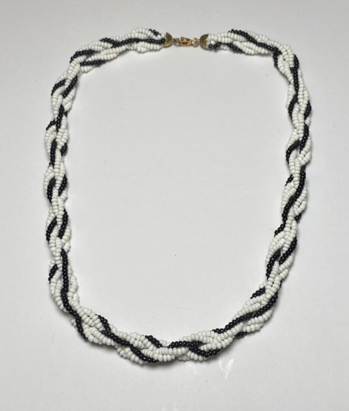 Lot 103: 1980s Braided Seed Bead Necklace — Black & White Torsade