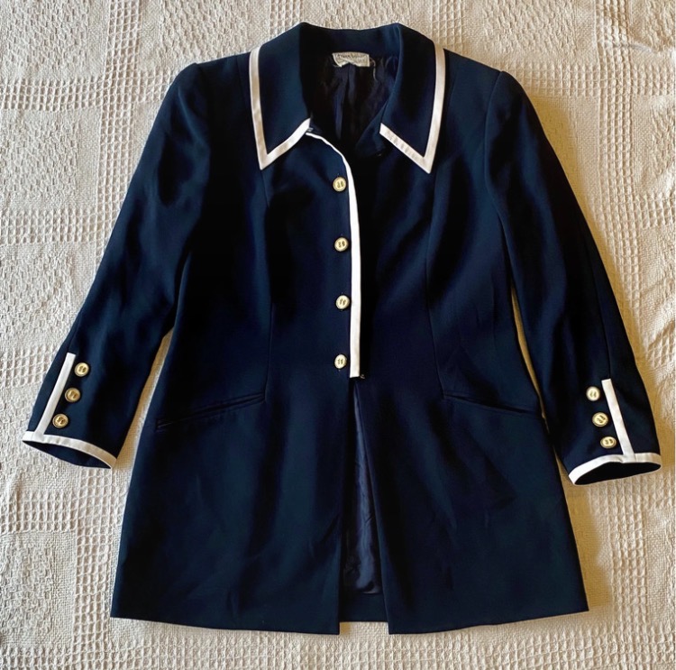Lot 193: 1980s Frank Usher Navy Longline Blazer Jacket — Gold Buttons & White Trim