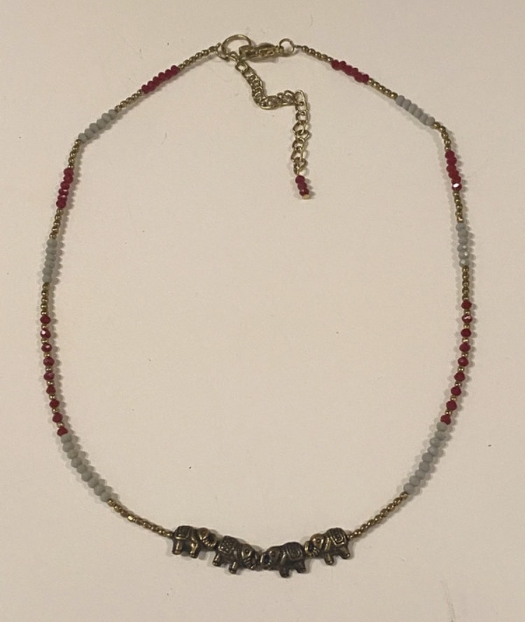 Lot 121: Boho Beaded Necklace with Elephant Charm — Red & Grey