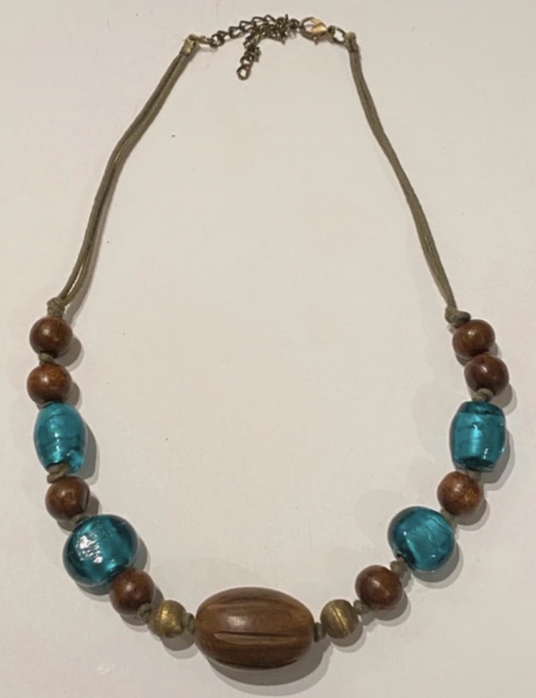 Lot 111: Boho Teal Glass & Wood Statement Necklace — Adjustable Length