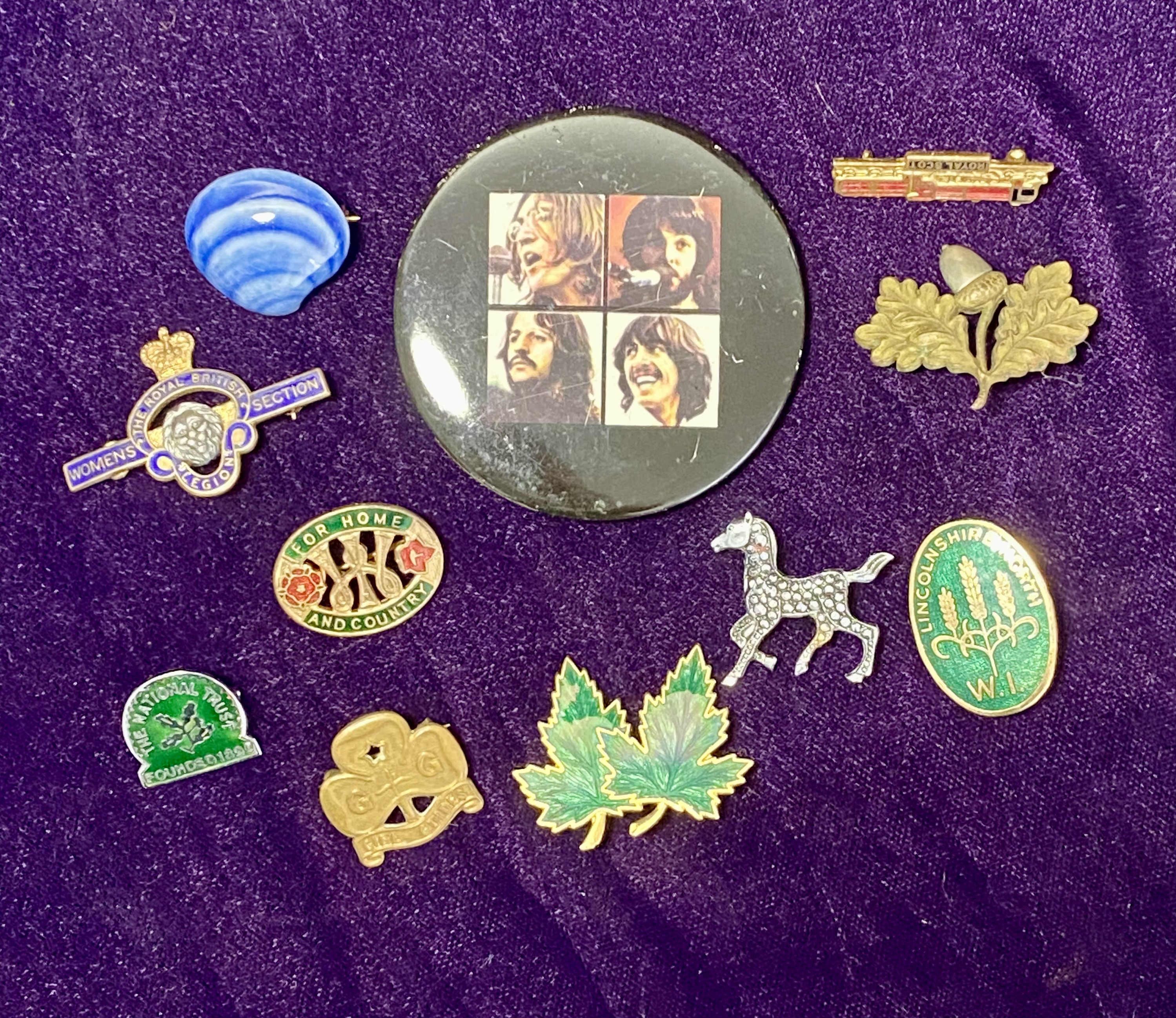 Lot 080: Collection of 11 Vintage Badges & Brooches — Beatles, WI, Royal Legion & More