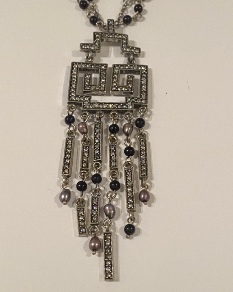 Lot 129: Laila Rowe Silver-Tone Multi-Strand Statement Necklace — Greek Key Design