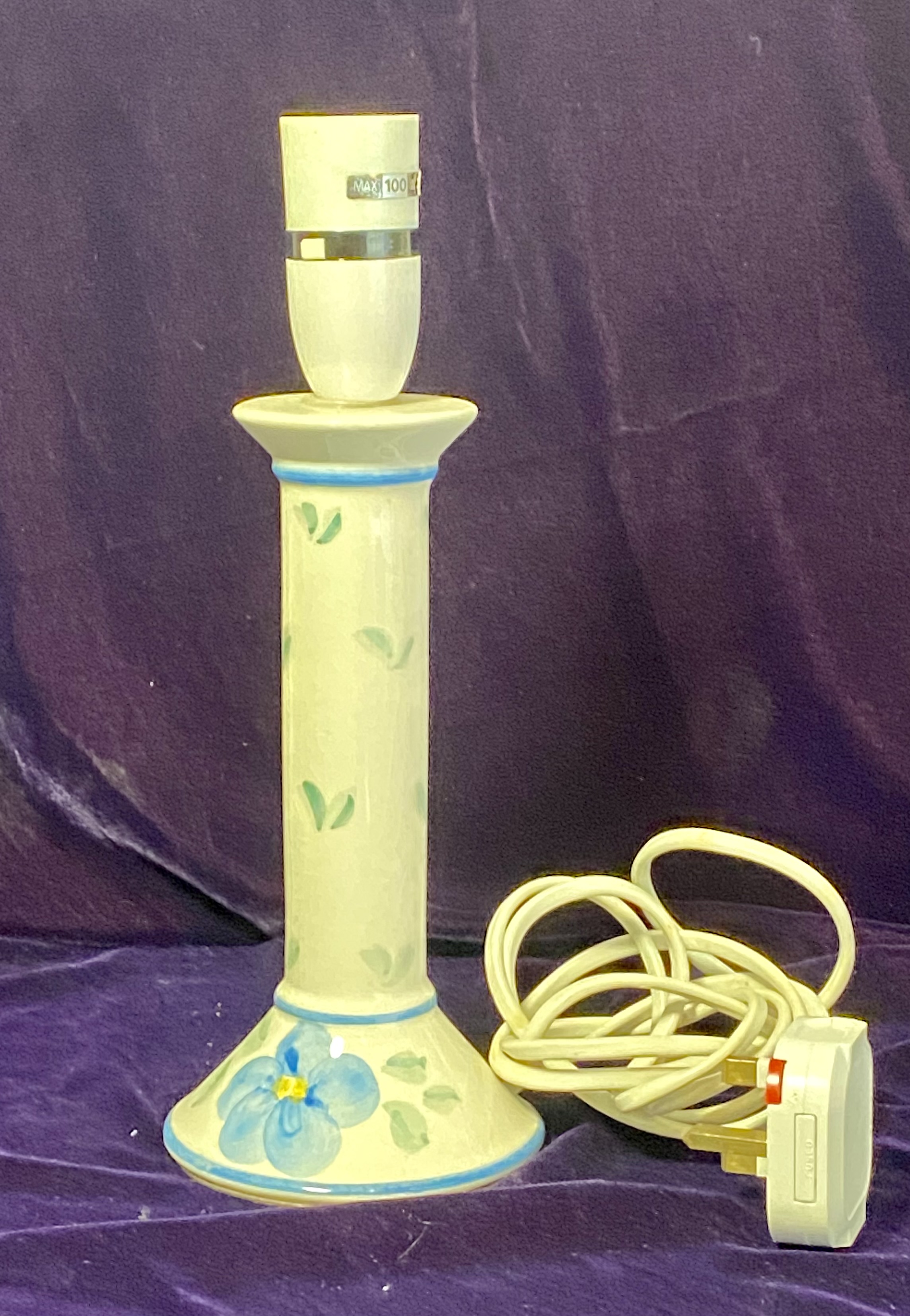 Lot 058: Late 1980s BHS Floral Ceramic Candlestick Lamp Base — Pale Blue Design