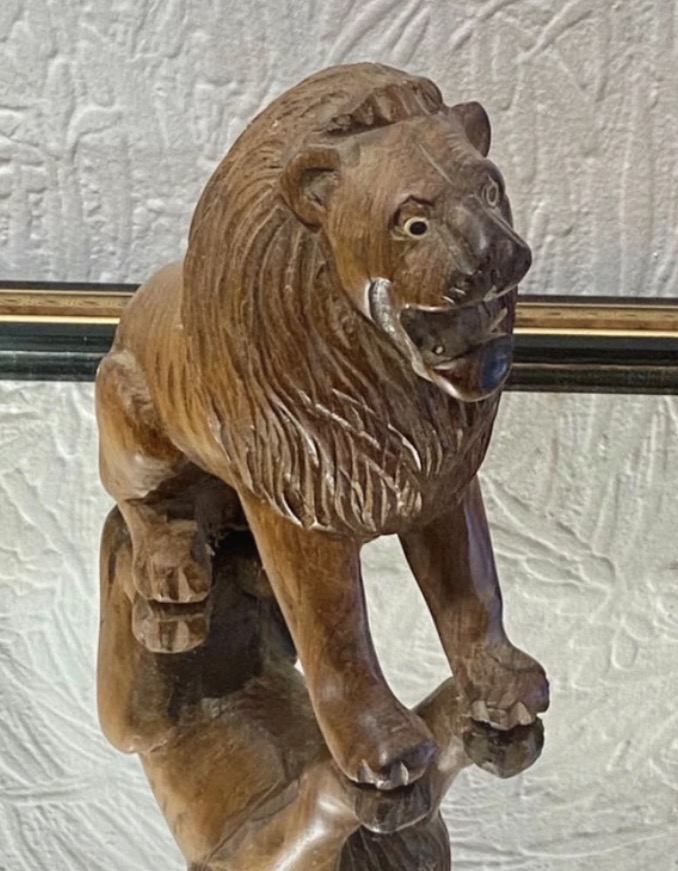 Lot 138: Mid-Century Hand Carved Wooden Lion Sculpture — 15cm Roaring Figurine