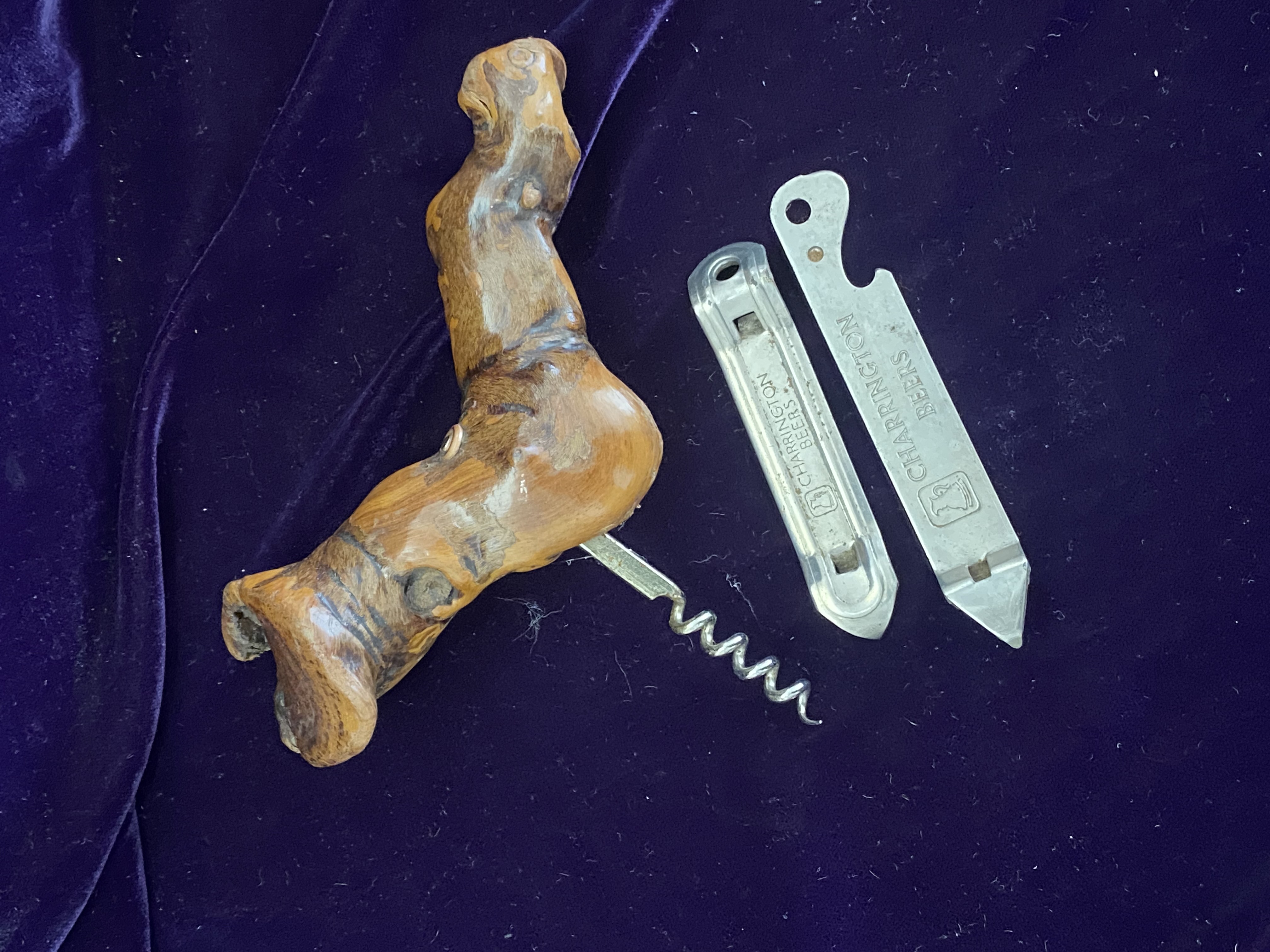 Lot 074: Mid-to-Late 20th Century Gnarled Wood Corkscrew & Charrington Beers Bottle Opene