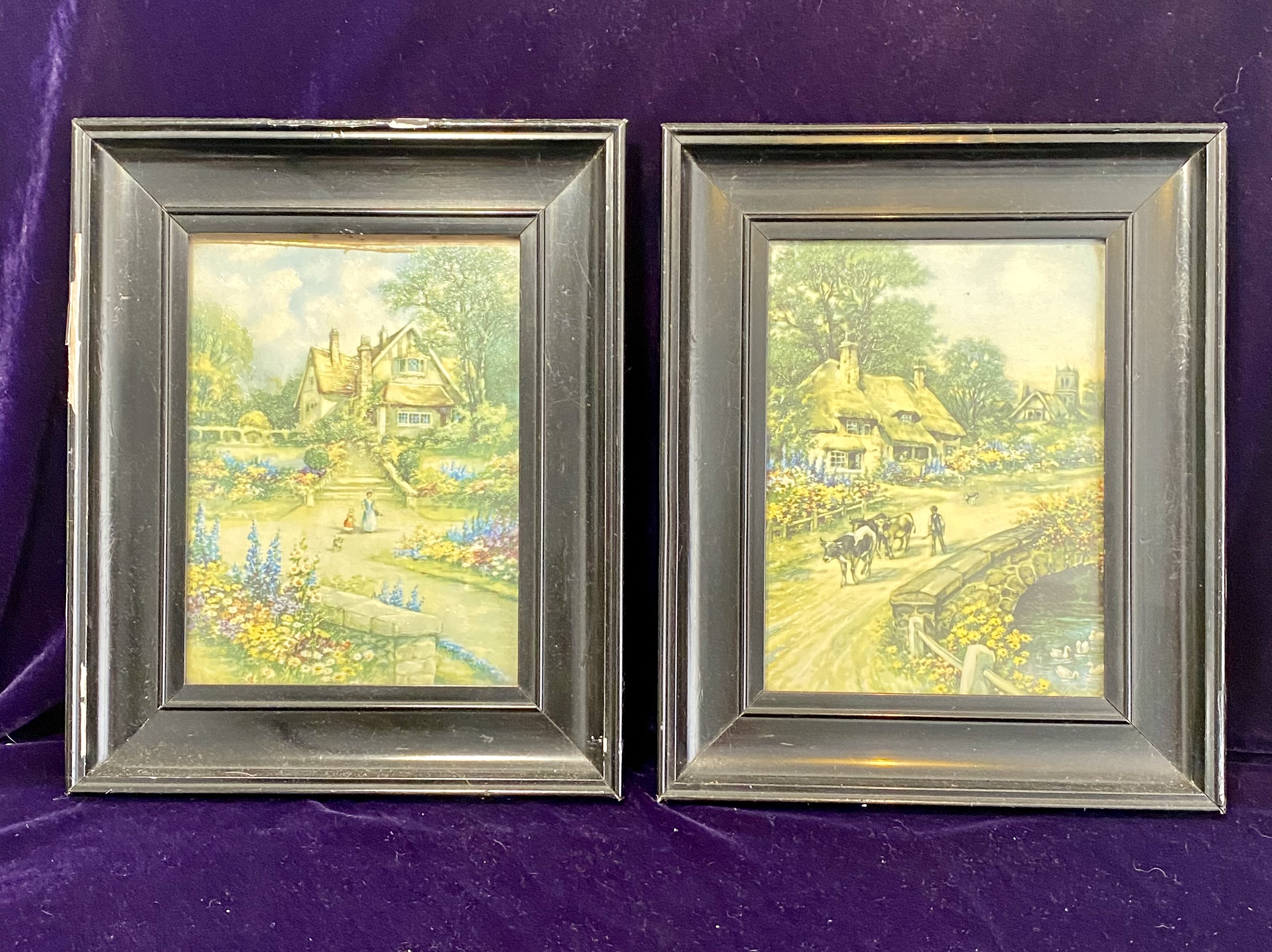 Lot 091: Pair of 1920s-1940s Framed Lithograph Prints — British Cottage Scenes