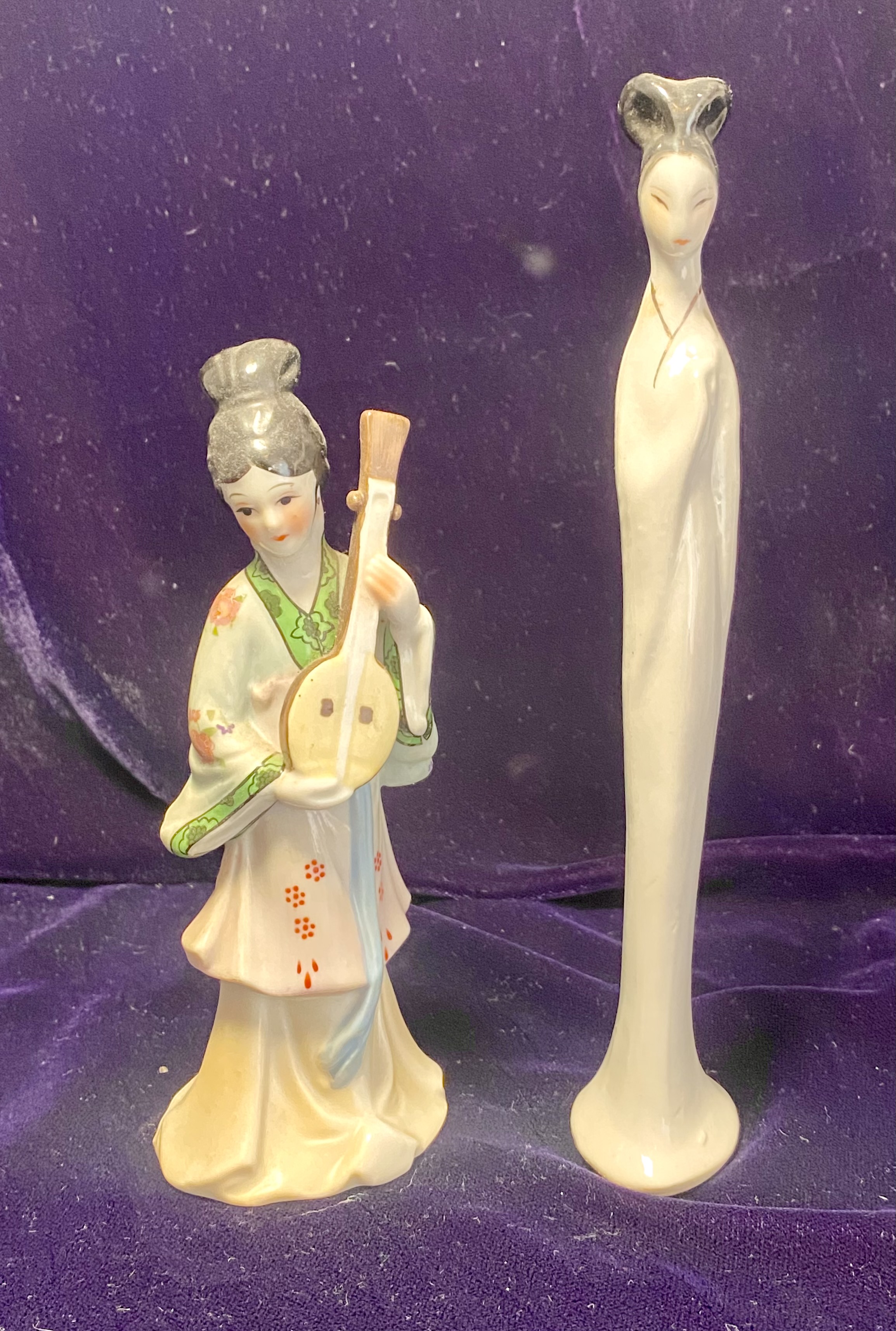 Lot 069: Pair of Mid-century Porcelain Figurines — Chinese Lady with Pipa & Art Deco Slen