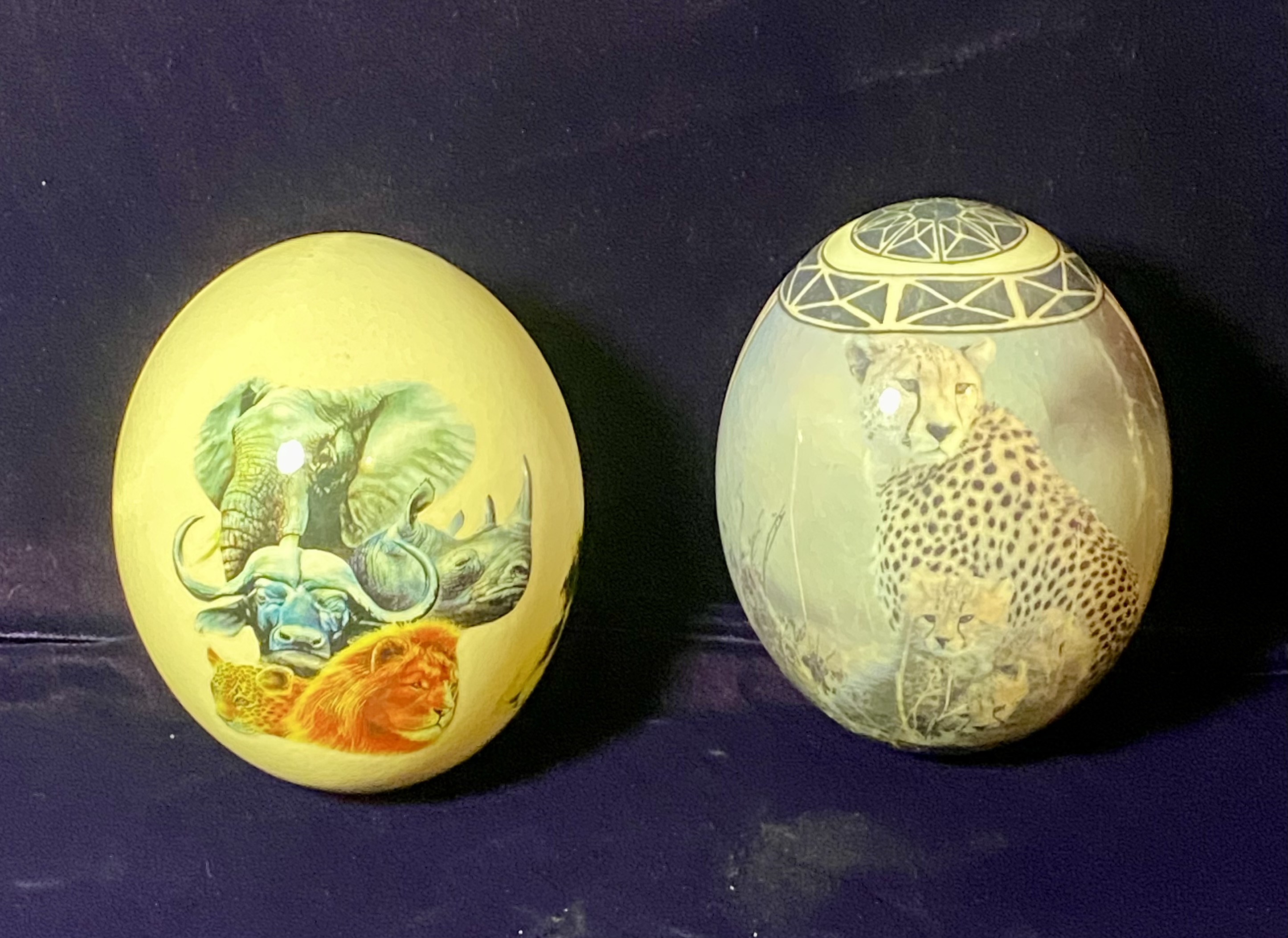Lot 049: Pair of Vintage Decorated Ostrich Eggs — African Wildlife Theme