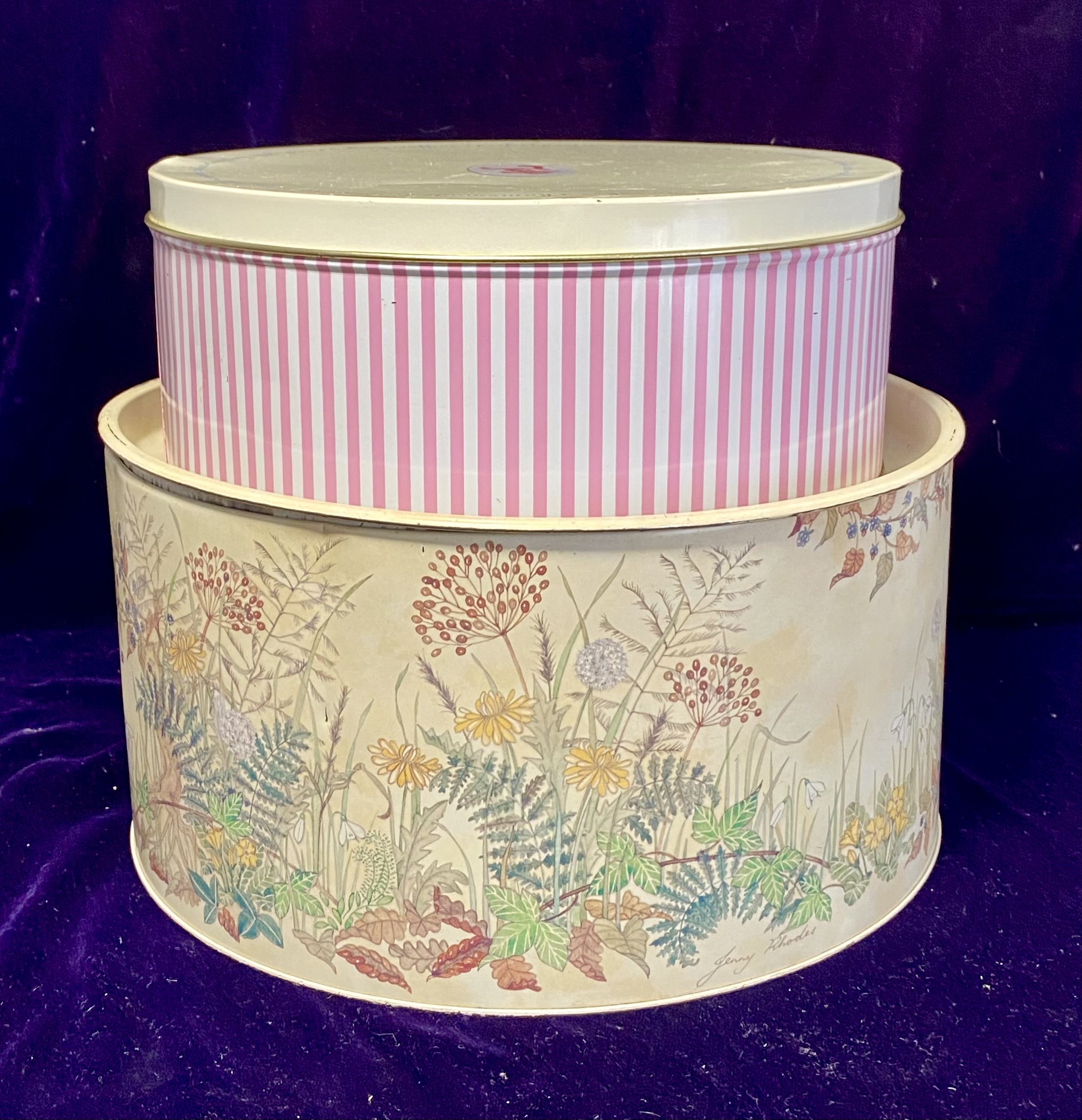 Lot 094: Pair of Vintage Tala Metal Cake Tins with Lids — Floral and Striped Designs