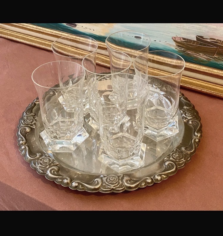 Lot 100: Set of 6 Vintage Luminarc Topaz Crystal Glasses & Silver-Plated Tray