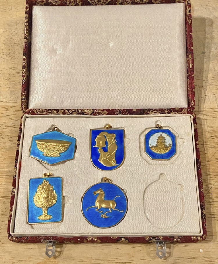 Lot 145: Set of Five 1970s Chinese Cloisonné Medallions — Flying Horse of Gansu Design
