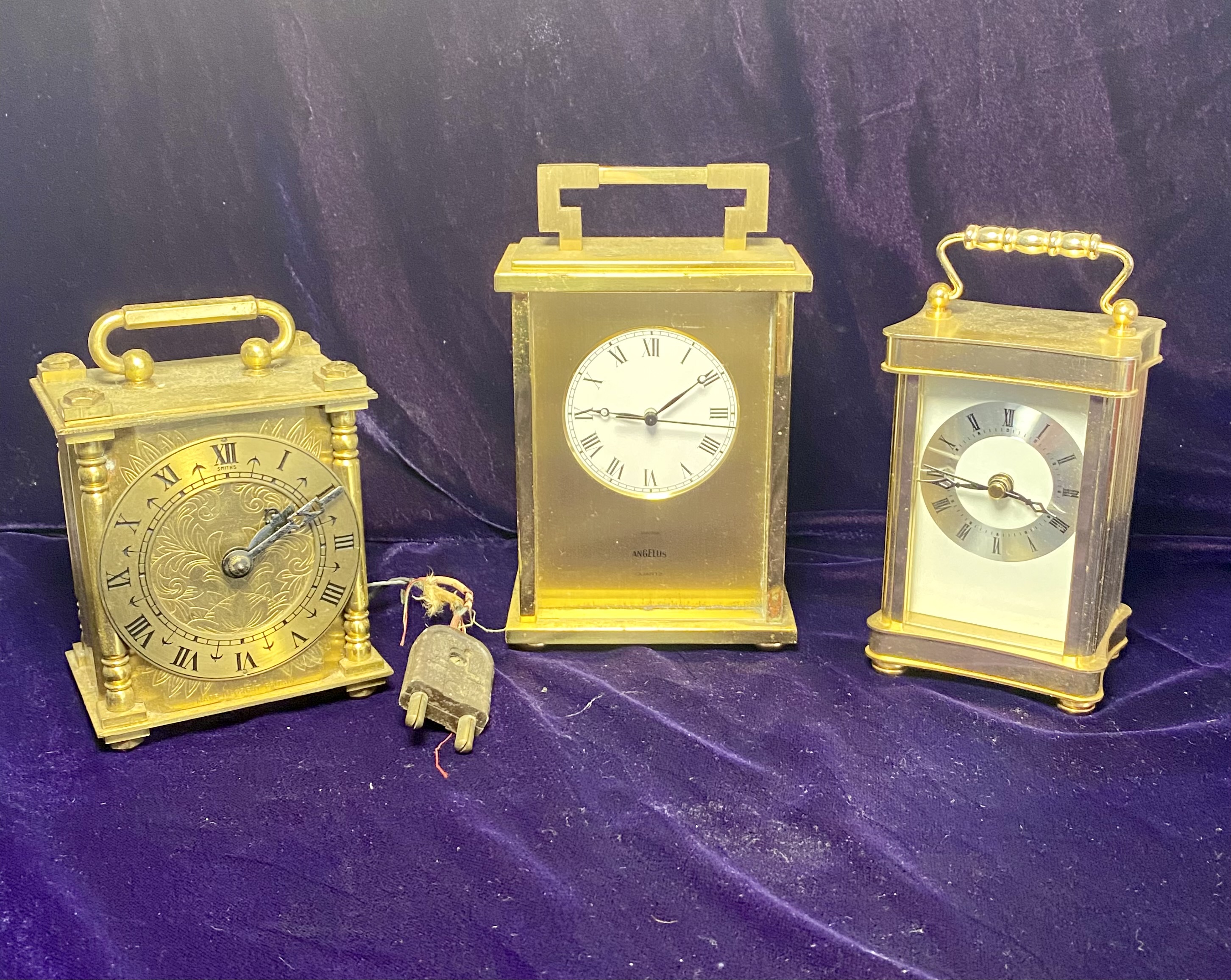Lot 067: Set of Three Brass & Brass Effect Carriage Clocks — Smiths, Angelus, Modern Quartz