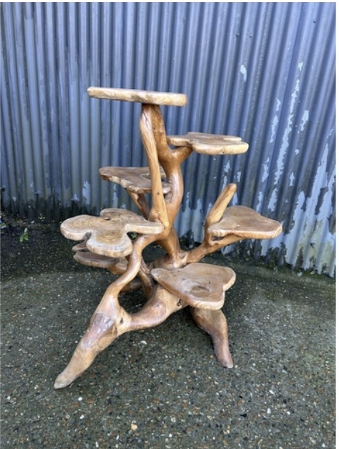 Lot 201: Stunning 110cm Rare Multi-Tier Elm Root Wood Plant Stand - Sculptural Statement Piece