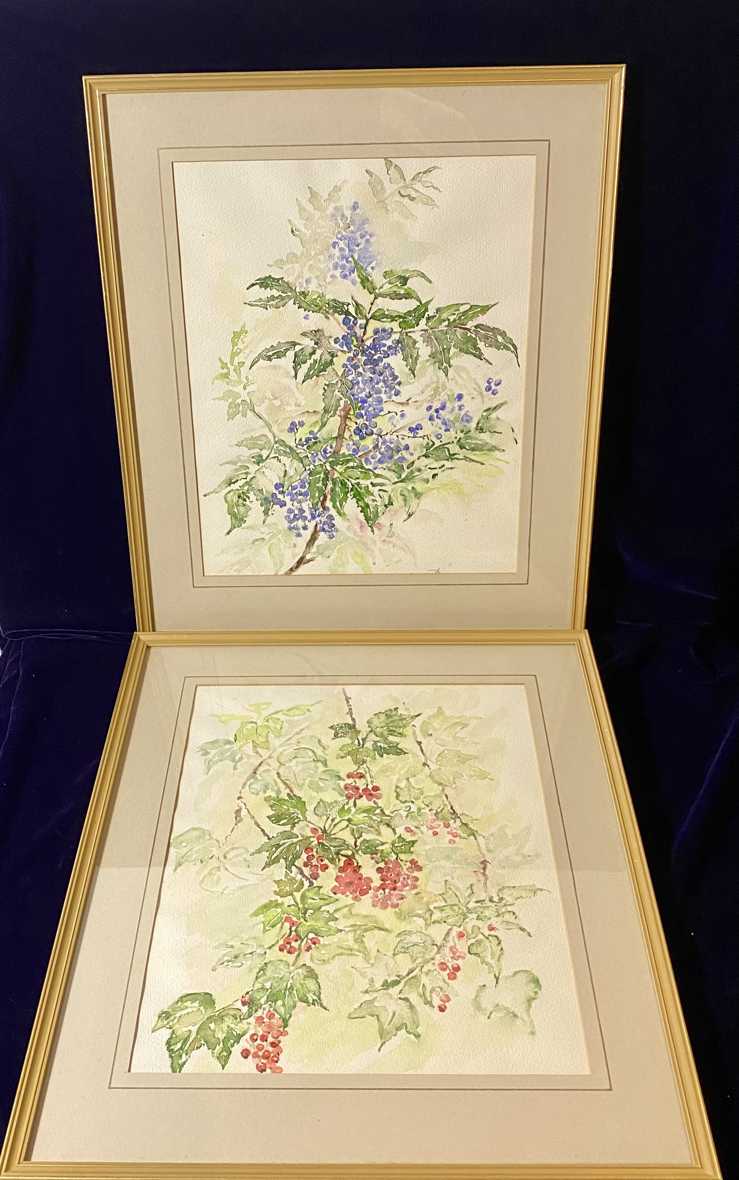 Lot 053: Two 1997 Monogrammed DV Botanical Watercolors — Blue and Red Berries
