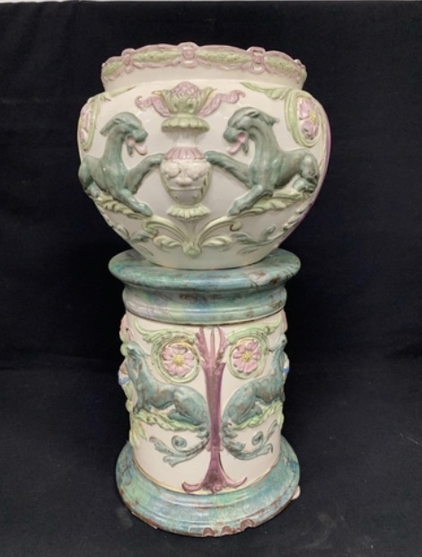Lot 162: Victorian China Jardiniere and Stand — Mythical Beast Design