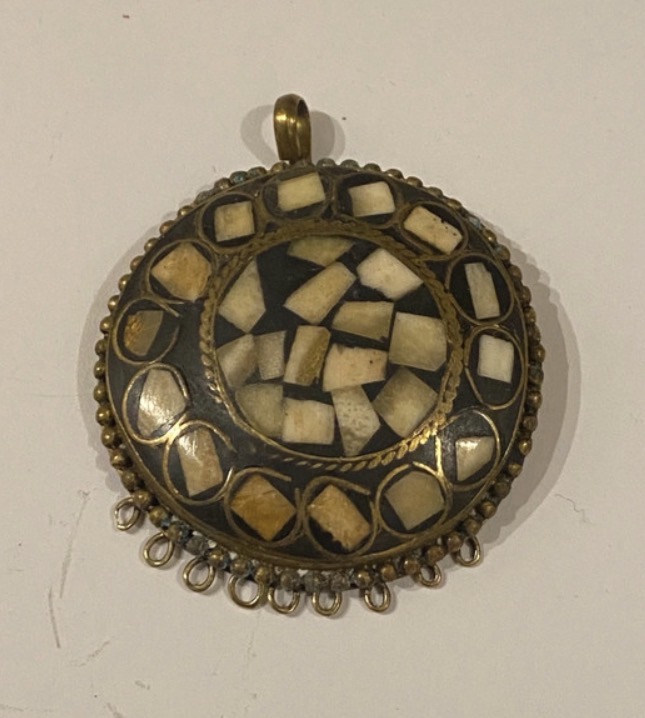 Lot 125: Vintage Boho Brass & Bone Inlay Pendant — 48mm Statement Piece