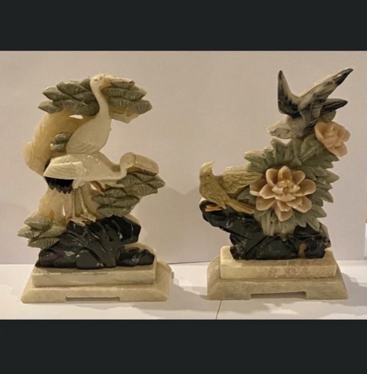 Lot 014: Vintage Chinese Soapstone Bookends - Hand Carved Floral