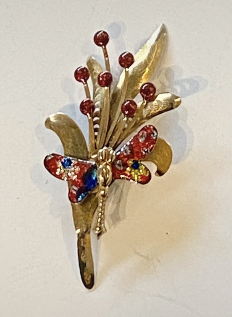 Lot 133: Vintage Enamel Dragonfly Brooch — Multi-Colored, Gold-Tone Base