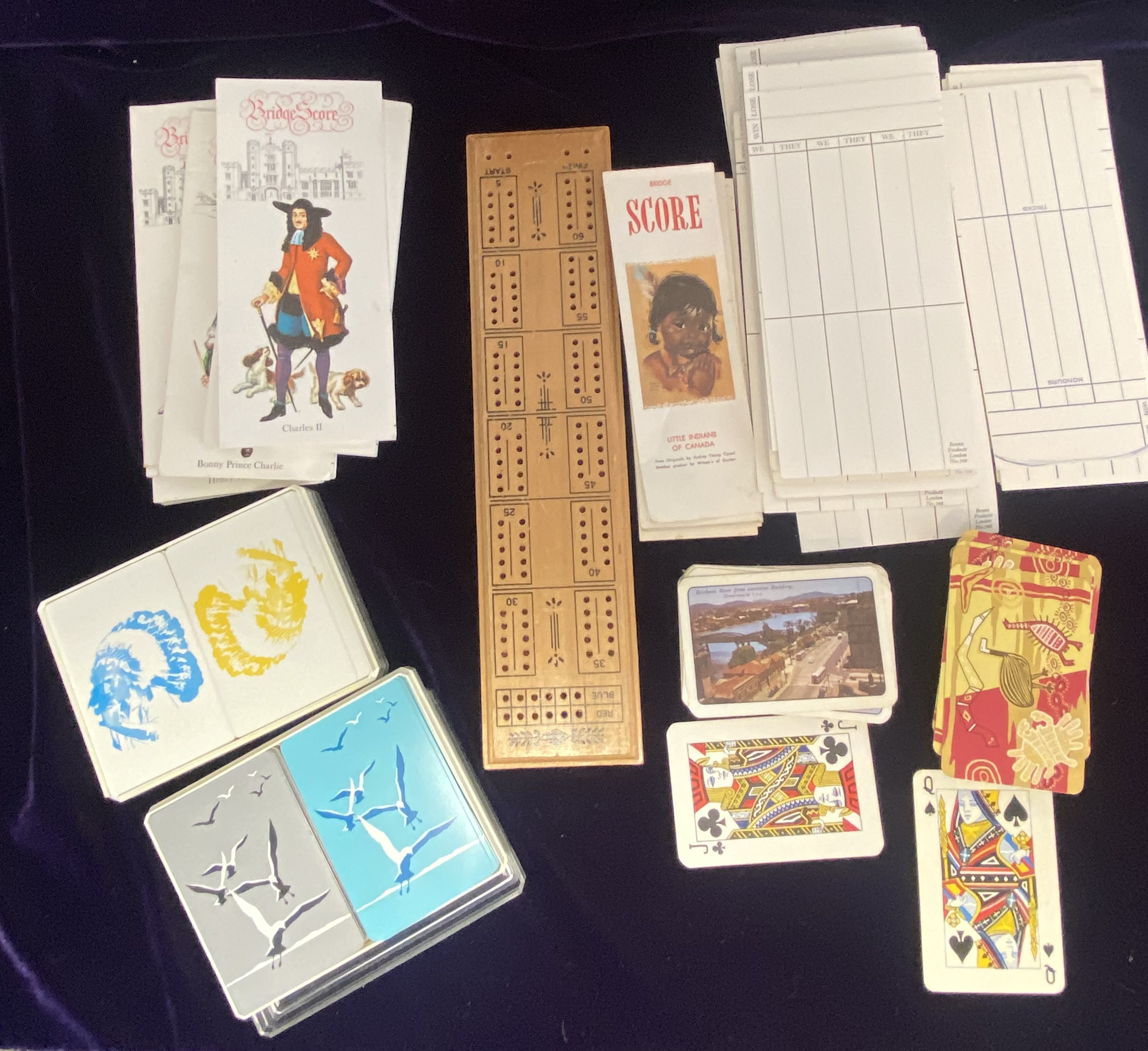 Lot 070: Vintage Mid-Century Bridge & Card Games Lot — Cribbage Board, Score Pads, Playin