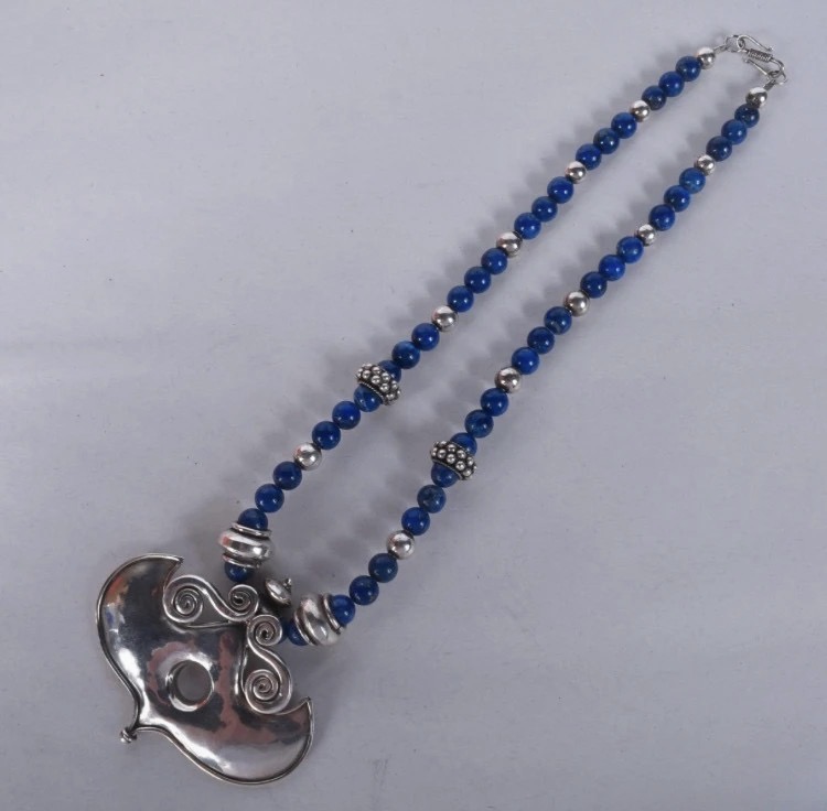 Lot 151: Vintage Middle Eastern Silver & Lapis Lazuli Necklace — Decorative Pendant