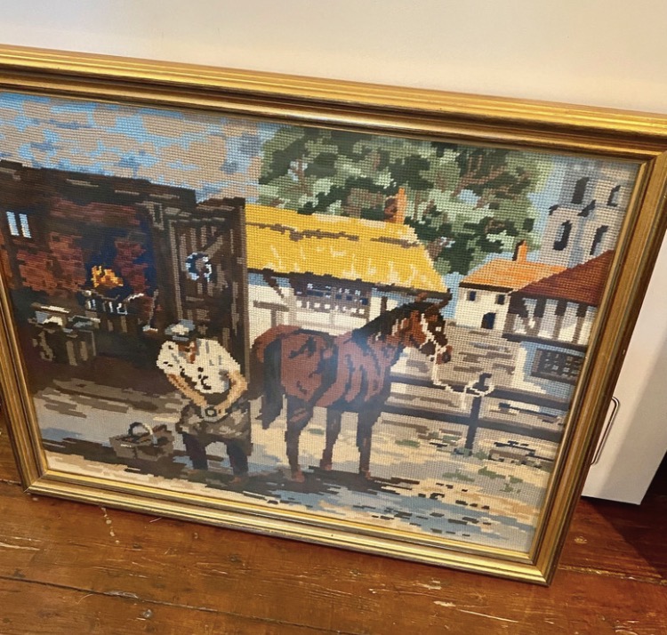 Lot 004: Vintage Needlepoint Tapestry Horse & Cart Scene