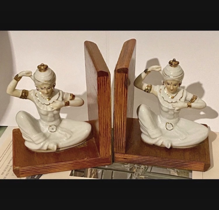 Lot 013: Vintage Thai Temple Dancer Porcelain & Teak Bookends